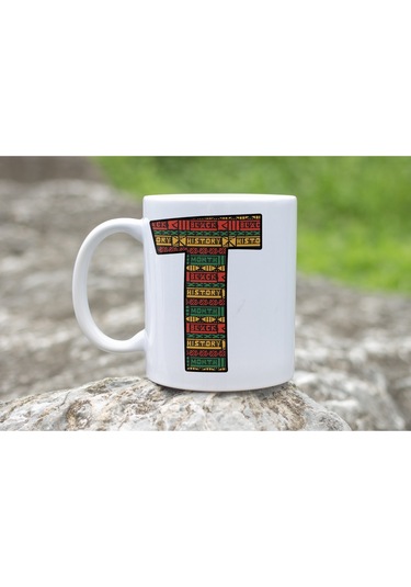 T Harfi Etnik Desenli Kupa - Afrika Tarzı Kahve Çay Kupası - Hediyelik - Black History Beyaz