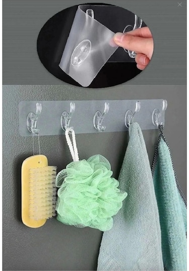 2 Adet Kendinden Yapışkanlı Güçlü Şeffaf 5li Askılık - Kapı Arkası Mutfak Duvar Banyo Çok Renkli
