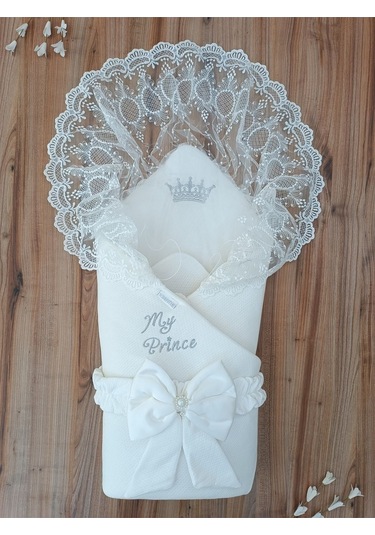 Ekru Erkek Bebek Battaniyesi Dantelli Mevlütlük Hastane Çıkışı Yenidoğan %100 Pamuklu Hediyelik Ekru