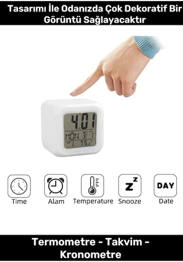 Hediyelik Dekoratif Termometreli Takvimli 7 Renk Değiştiren Dijital Küp Alarmlı Masa Çalar Saat