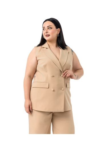 Büyük Beden Kaplama Düğmeli Yelek Pantolon Vizon İkili Takım Vizon