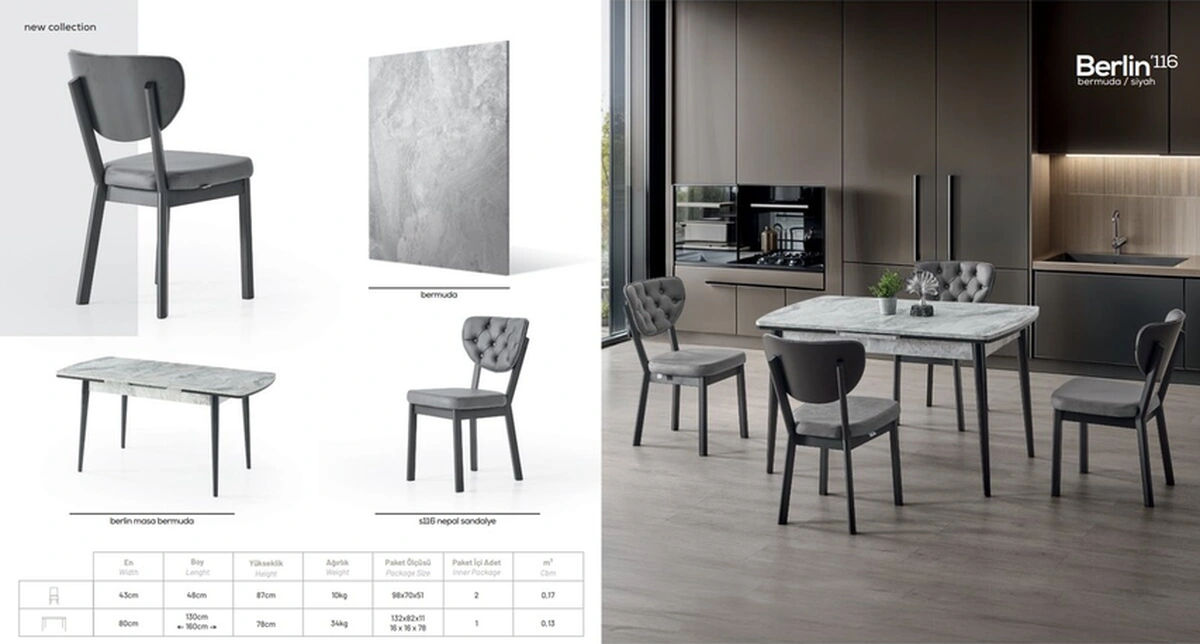 Dengema Berlin 116 Açılır Masa Takımı Gri Mermer, Siyah Ayak, 80 130 180 Cm, 4 Sandalyeli Gri Mermer - Siyah Ayak