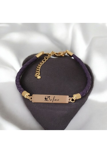 Archin Defne İsmine Özel Dikdörtgen Motifli Mor Derili 14 Ayar Altın Plakalı Hediye Bileklik-412isim Defne