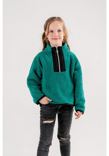Garnili Peluş Kız Çocuk Sweat 4523 Yeşil