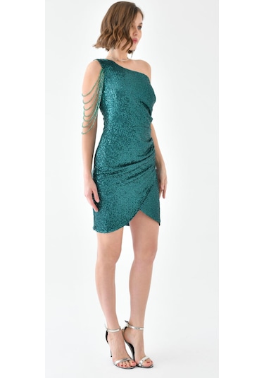 Hanife Glam Couture Hanife Glam Tek Omuz Taş Tasarımlı Mini Pulpayet Elbise Zümrüt