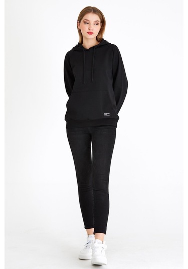 Comeor Kadın Siyah Basic Kapüşonlu Regular Fit Rahat Sweatshirt 001