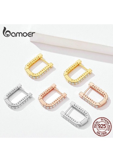 Bamoer 925 Ayar Gümüş Klasik U Şeklinde Kulak Tokaları Küpe Kadın Parlayan Zirkon Küpe Güzel Takı Hediye M