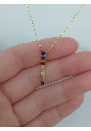 Renkli Taşlı Bar Model 925 Ayar Gümüş Kolye Modern Ve Canlı Tasarım Gümüş