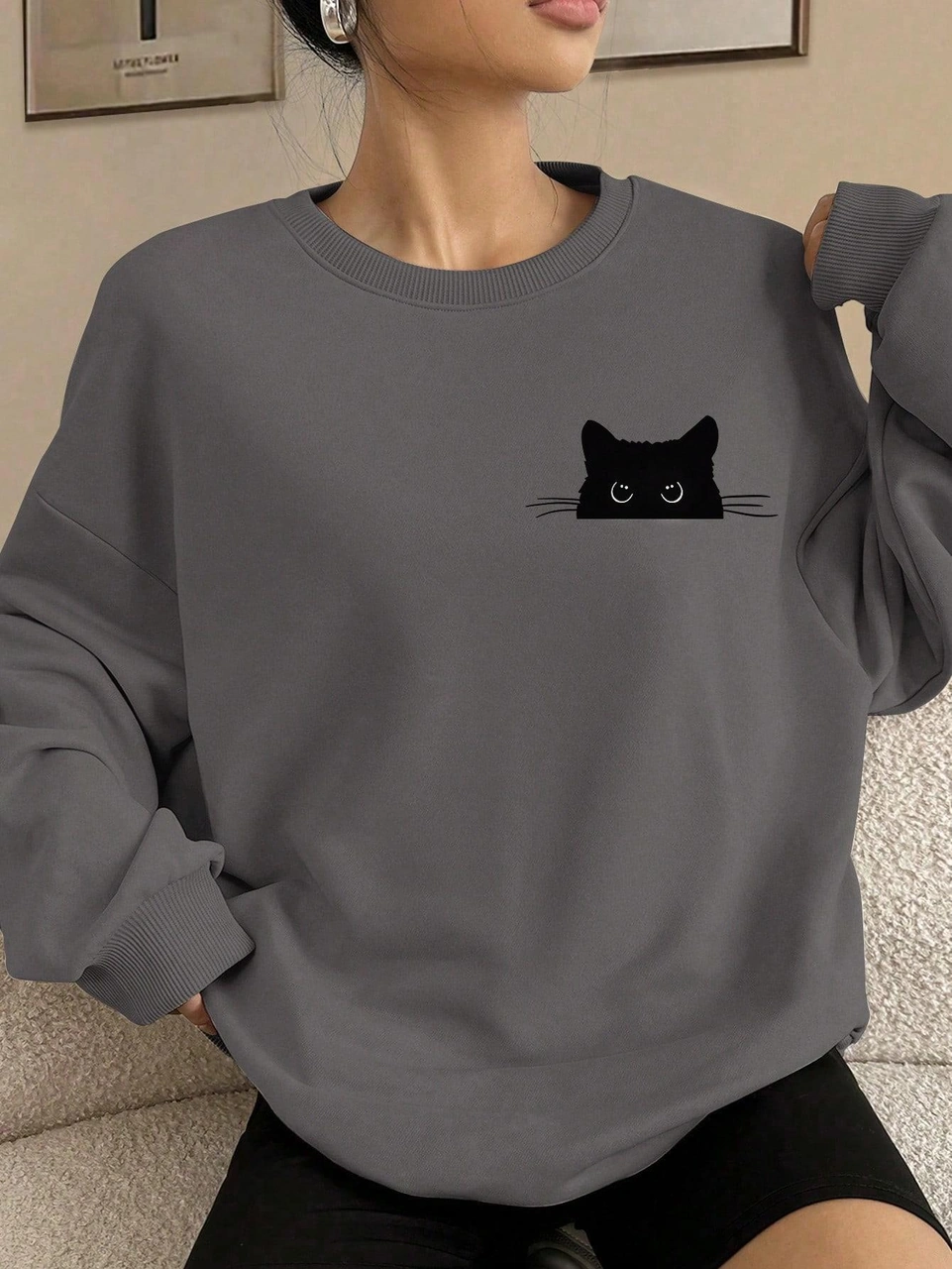 Füme Oversize Geniş Kalıp 3 İplik Şardonlu Sweatshirt Bisiklet Yaka Kedili Baskılı Kalın Sweat Füme