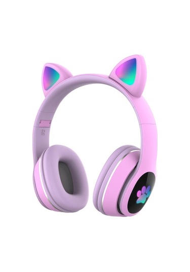 Mor Renkli 7 Renkli Soluklu Işıklarlı Gülüşken Kedi Kulaklıklar - Mor