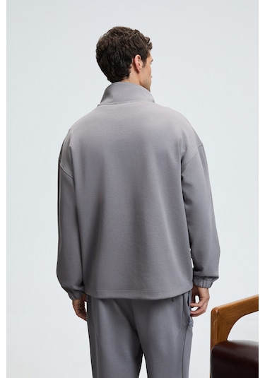 Grimelange EDISON Erkek Yarım Fermuarlı Kolu Baskılı Dik Yaka Koyu Gri Sweatshirt