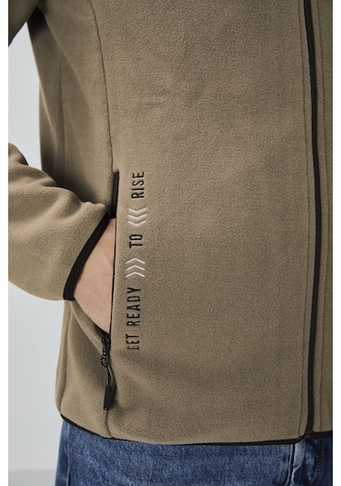 Tommy Life Camel Yazı Nakışlı Dik Yaka Fermuarlı Standart Kalıp Erkek Sweatshirt Polar - 87992 CAMEL