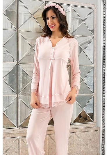 Xses 2190 Kadın Hamile Lohusa Sabahlıklı Pijama Takım-pudra