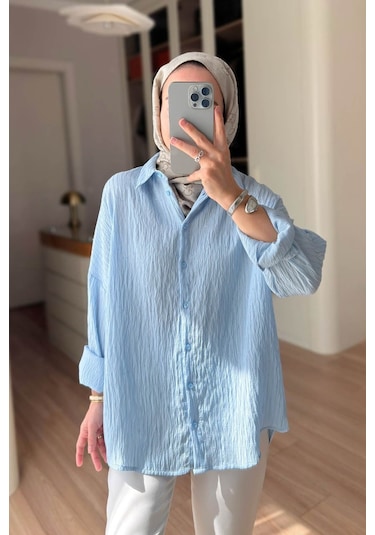 Kahijab Nakışlı Pul Detay Oversize Gömlek - Mavi
