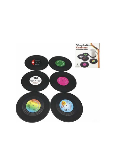 Skycity 6 Adet Retro Vinil Plak Desenli, Kaymazsız, Yıkama Uygun Kahve İçecek Bardağı Tablo Koruyucu Mizahane Seti Diğer