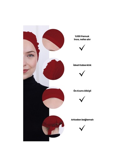 Fırfırlı Önden Dikişli Penye Bone - Kadın Tesettür Bağlamalı Topuz İç Bone-bordo Bordo