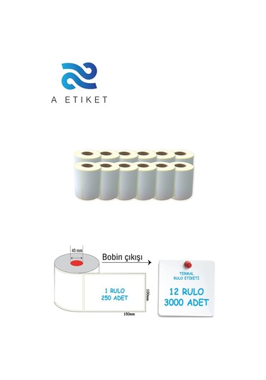 Termal Barkod Etiketi 100x150mm 12 Rulo 250 Sarım 12 Adet
