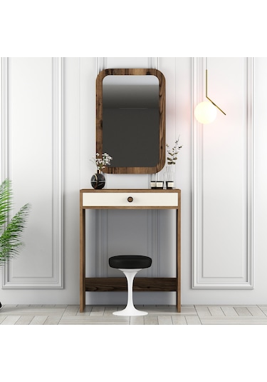 Lizbon Mini Makyaj Masası Aynalı - Ceviz / Krem