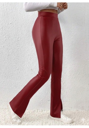 Kadın Yüksek Bel Önden Yırtmaçlı Deri Tayt Kırmızı