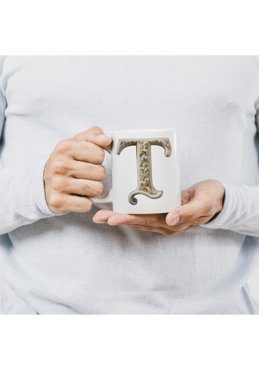 T Harfi Bardak, Monogram 330 Ml Barok Oymalı Görünüm Beyaz