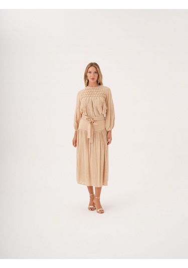 Büzgü Detaylı Kuşaklı Viskon Ve Keten Karışımlı Bluz Bej