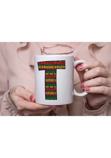 T Harfi Etnik Desenli Kupa - Afrika Tarzı Kahve Çay Kupası - Hediyelik - Black History Beyaz