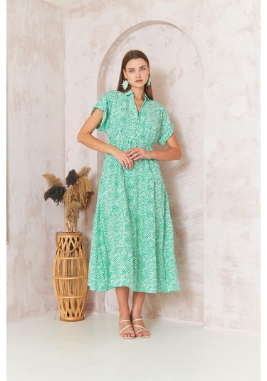 Kadın Gömlek Yaka Kısa Kollu Yeşil Elbise Dm1044 Yeşil