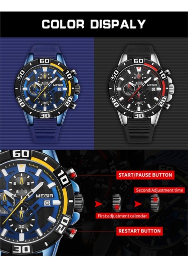Megır Erkek Saatleri Kuvars İş Saati Spor Kronograf Işıklandırmalı 3atm Su Geçirmez Saat Dakika Saniye Gösterimi Silikon Kayışlı Moda Analog Kol Saati Erkekler İçin Çok Renkli
