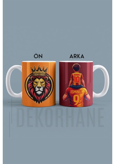 Kişiye Özel Sarı Kırmızı, Taraftar Baba Oğul, Aslan Figür Tasarımlı Baskılı Hediye Kupa Bardak Kırmızı