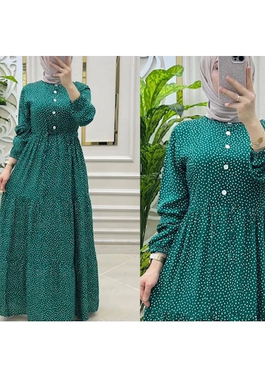 Kadın Puantiyeli Yeşil Renk Viskon Kumaş Ön Düğmeli Ayarlanabilir Kuşaklı Tesettür Elbise Yeşil