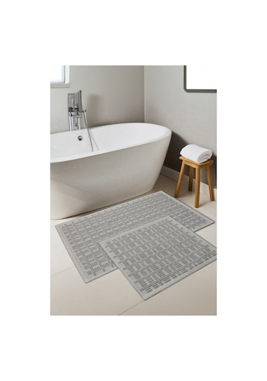 Naturel Pamuklu Kilim Yıkanabilir Banyo Paspası Halısı 2'li Klozet Takımı 60x100-50x60cm Gri