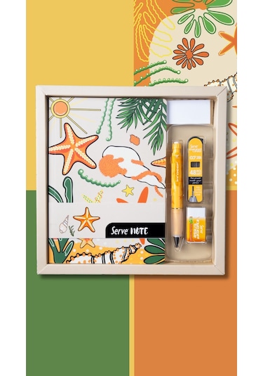 Serve Hediye Seti - Defter, Serve Deep Uclu Kalem, Silgi, Min Hardal Sarı