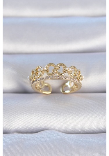 Pirinç Gold Renk Zirkon Taşlı İnci Detay Kadın Yüzük - Ebj241012w28575 Bakır