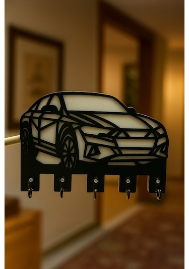 Geometrik Araba Figürlü Duvar Tipi Anahtarlık Askılığı Siyah - Beyaz