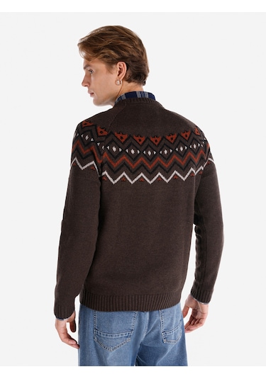 Colins Regular Fit Baskılı Triko Kahverengi Erkek Kazak Cl1066049 Kahverengi