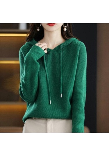 Novahub Kadın Hoodie Uzun Kollu Rahat Sıcak Düz Renk Örgü Kazak Kış Üstü Gri Renk Sonbahar Kış Giyim Gri