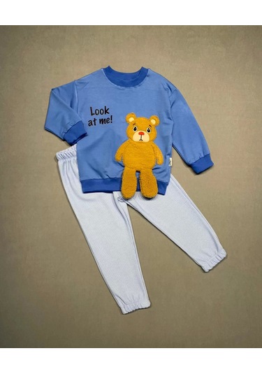 2-3-4 Yaş Ayıcık Sallanan Ayak Desenli Likra Penye Kumaş Sweat Pantolonlu Kız Erkek 2li Çocuk Takımı İndigo