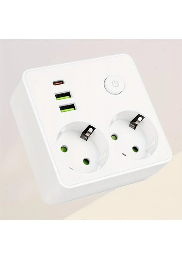 Beyaz 2500w Güç Şeridi Eu Fiş Prizi 2 Soketli Multitap Duvar Tipi Güç Şeridi Uzatma Kablosuz, 2 Usb & 1 Type-c Portlu