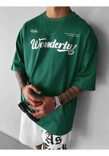 Oversize Kalıp %100 Pamuk Tshırt Wonderful Yesıl