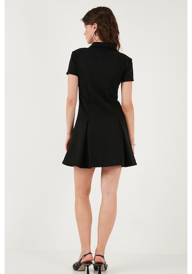 Lela Regular Fit Fermuarlı Polo Yaka Kısa Kollu Pileli Süet Bayan Elbise 5866438 Siyah