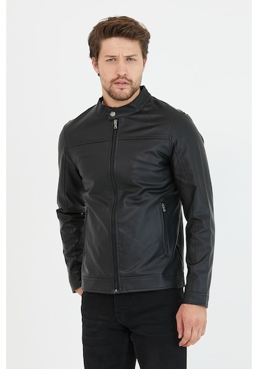 Erkek Siyah Yeni Sezon Dar Kesim Deri Ceket Mont-Siyah