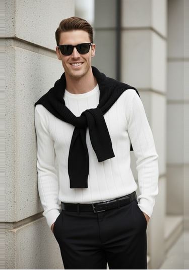 Deepsea Beyaz Dar Kesim Likralı Erkek Triko Kazak Bisiklet Yaka Şık Tasarım 2605433 Beyaz