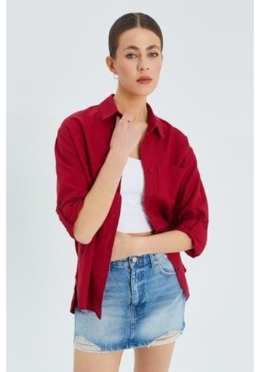 9942 Kadın Oxford Uzun Kol Basic Gömlek Bordo Bordo