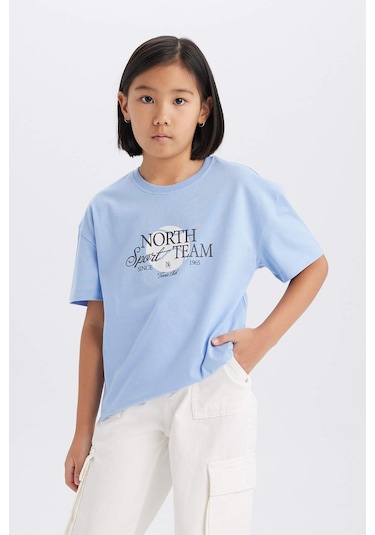 DeFacto Kız Çocuk Relax Fit Bisiklet Yaka Baskılı Kısa Kollu Tişört E0355A825SMBE551 Mavi