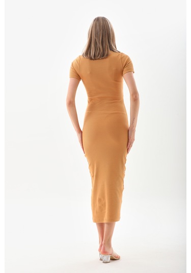 Hardal Kısa Kollu Diz Altı Fitilli Esnek Kalem Elbise - 130 Cm Hardal