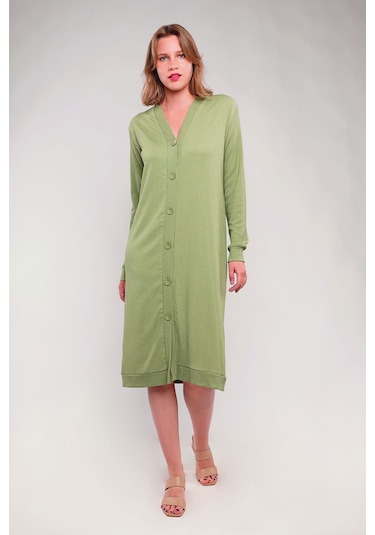 Gabria Ön Düğmeli Seul Uzun Hırka Haki