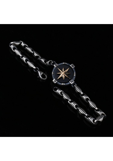 Fkgümüş 925 Ayar Gümüş Oniks Taşlı Pusula Erkek Bilekik Gümüş