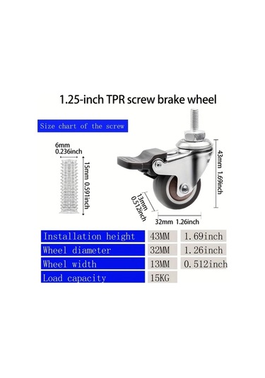 Dashanshop 1.25 İnç Tpe Lastik Tekerlekli 4 Adet Ağır Hizmet Metal Sessiz Frenli Döner Tekerlek