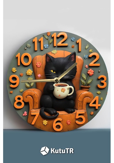 Siyah Kedi Temalı Mdf Duvar Saati 3d Görünümlü, 2d Hd Baskı, Sessiz Mekanizma Sdw237 Renkli