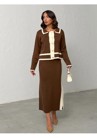 Kadın Inci Düğmeli Etekli Triko Takım Kahverengi